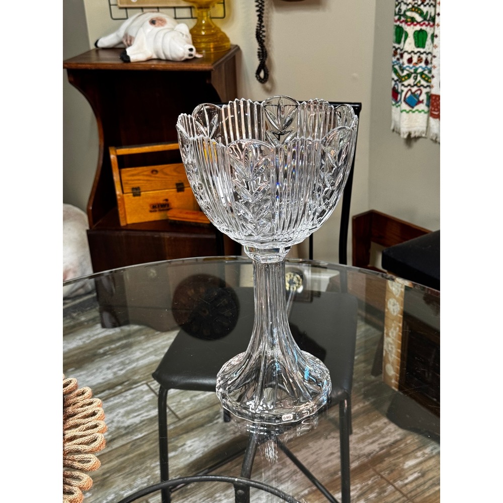 Vintage Tall Heavy Lead Crystal Footed Centerpiece Bowl Scalloped Leaf Cut Glass
